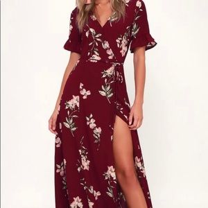 Lulu’s September Sunsets Burgundy Wrap Maxi Dress